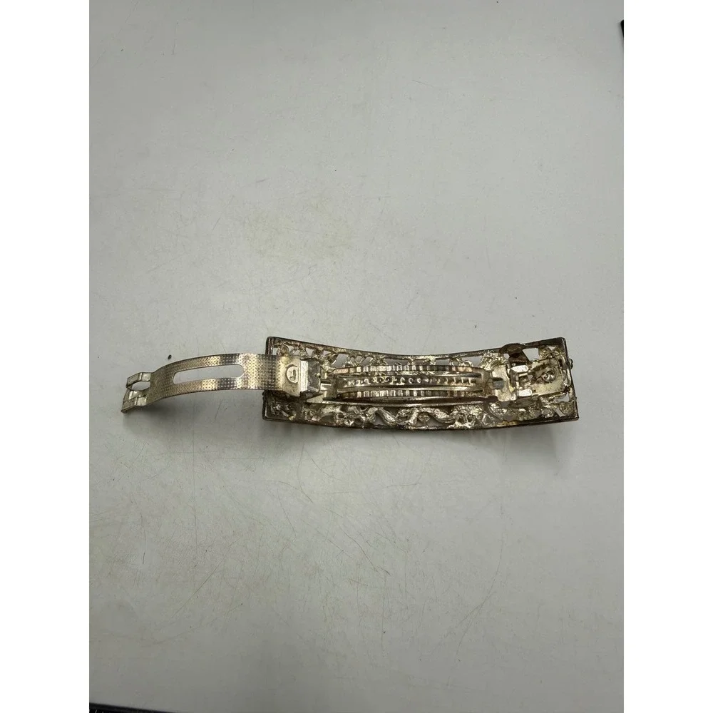 Vintage Floral Filigree Hair Barrette Red Rhinestone Enamel Flower Silver Tone